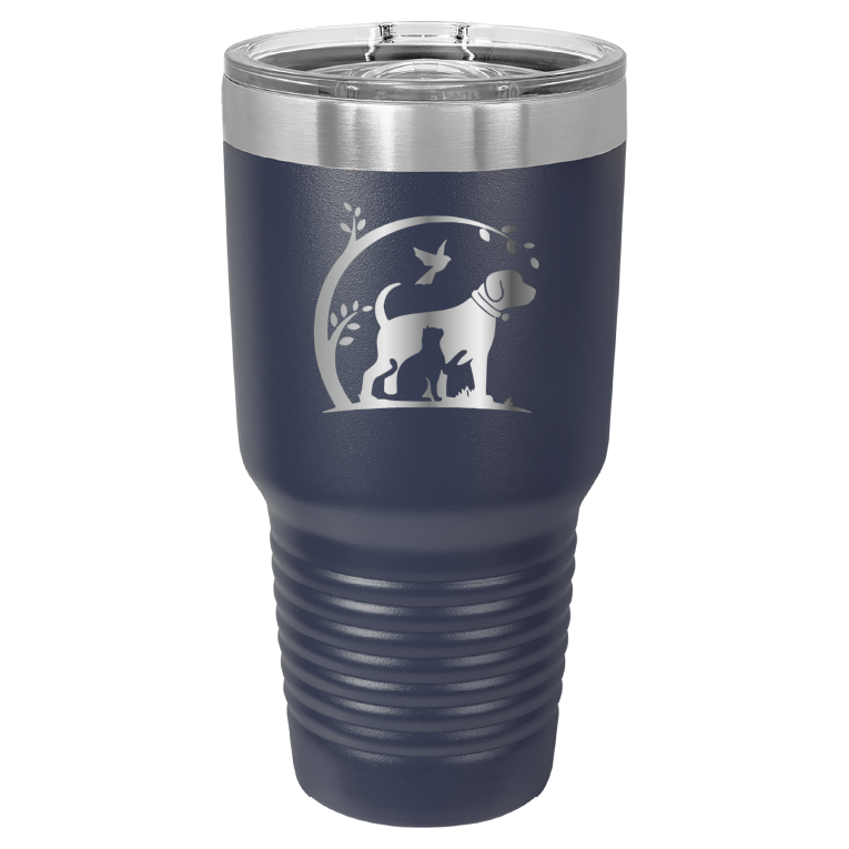 Navy blue 30 oz laser engraved tumbler featuring the No Critter Left Behind logo