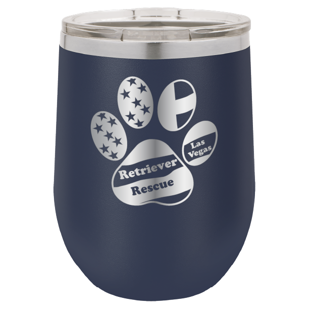 Navy Blue laser engraved wine tumbler with the logo of retriever rescue of Las Vegas