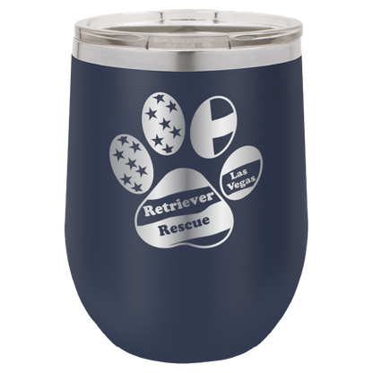 Navy Blue laser engraved wine tumbler with the logo of retriever rescue of Las Vegas