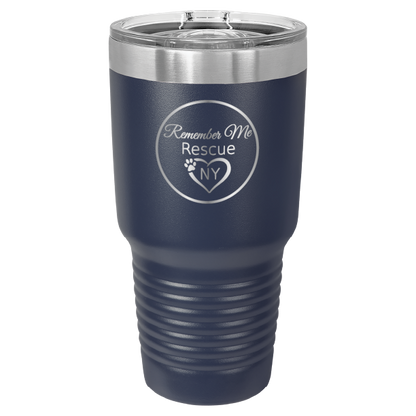 Navy Blue 30 oz laser engraved tumbler featuring the Remember Me Rescue NY logo.