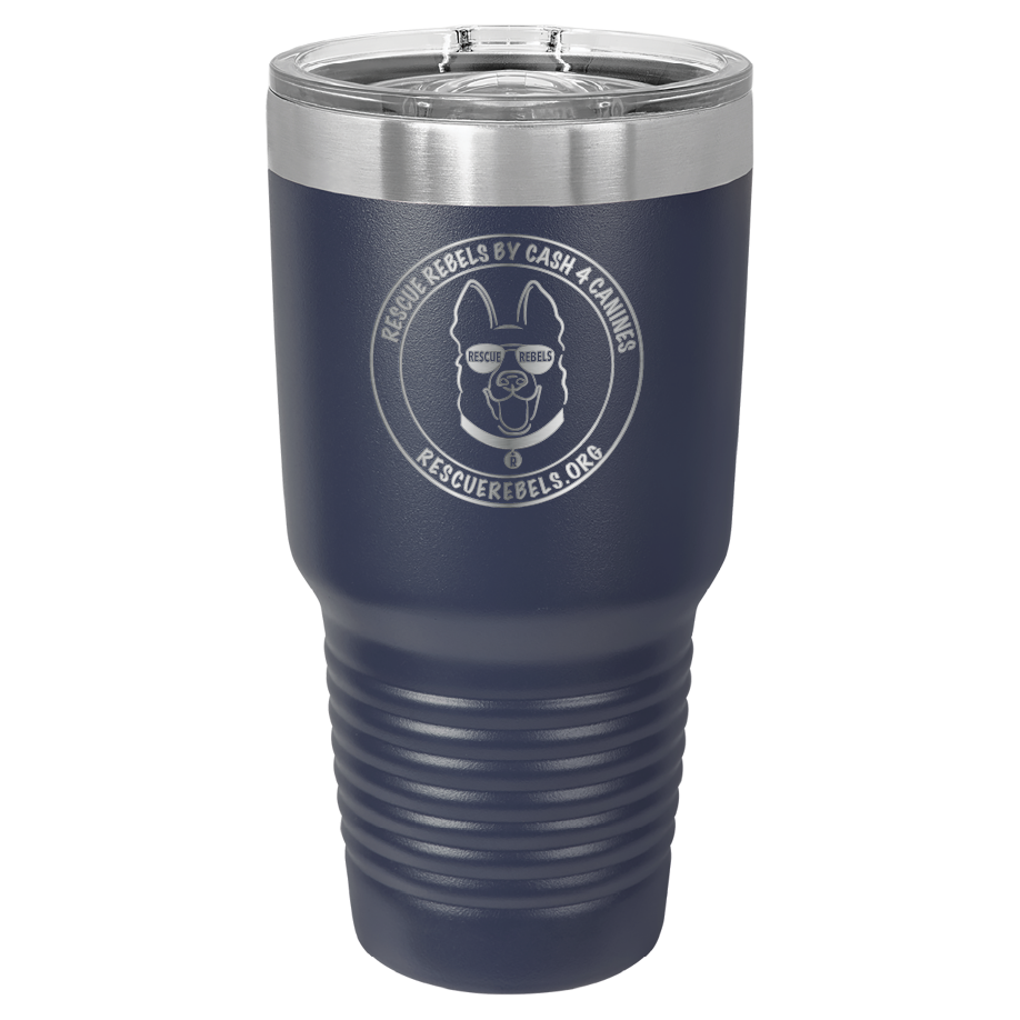 Baby blue 30 oz tumbler laser engraved  water bottle featuring the Rescue Rebels logo