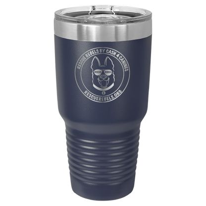Baby blue 30 oz tumbler laser engraved  water bottle featuring the Rescue Rebels logo