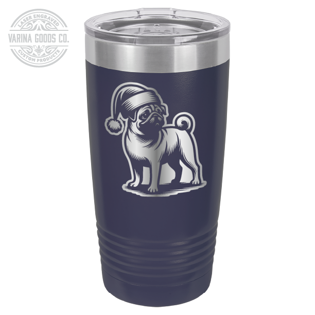 Pug wearing a Santa hat, 20 oz laser engraved tumbler, in navy blue