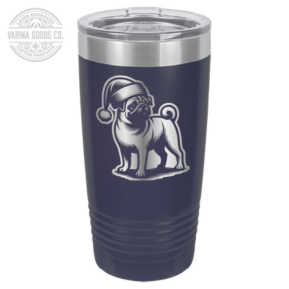 Pug wearing a Santa hat, 20 oz laser engraved tumbler, in navy blue