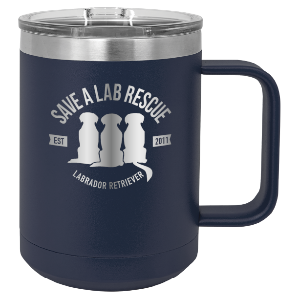 Navy Blue 15 oz laser engraved coffee cup featuring the Save A Lab Rescue logo.