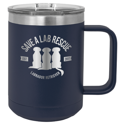 Navy Blue 15 oz laser engraved coffee cup featuring the Save A Lab Rescue logo.