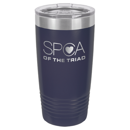 Navy Blue laser engravved 20 Oz tumbler featuring the SPA of the Triad logo. 