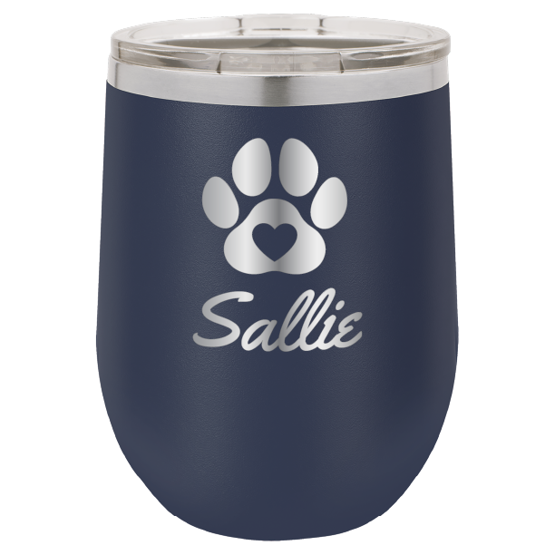 Laser engraved personalized wine tumbler featuring a paw print with heart, in navy blue