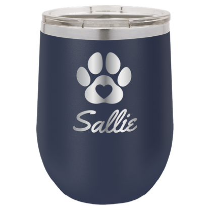 Laser engraved personalized wine tumbler featuring a paw print with heart, in navy blue