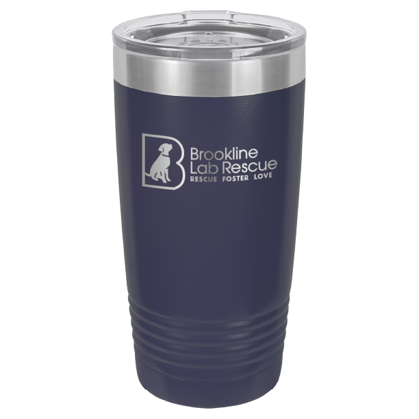 Navy blue  laser engraved 20 ounce tumbler featuring the Brookline Lab Rescue logo