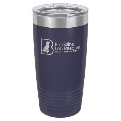 Navy blue  laser engraved 20 ounce tumbler featuring the Brookline Lab Rescue logo