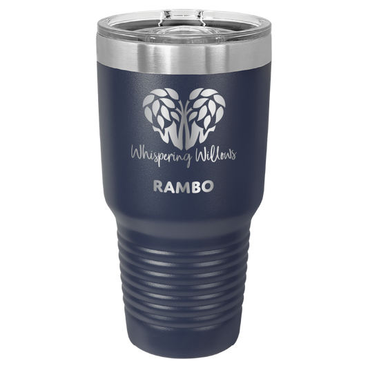 Navy blue 30 oz tumbler featuring the whispering Willows logo.