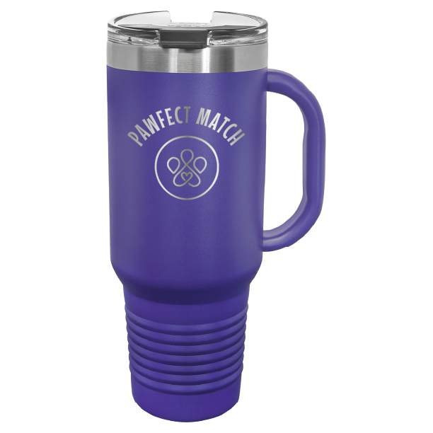 Purple 40 oz laser engraved tumbler featuring the Pawfect Match logo