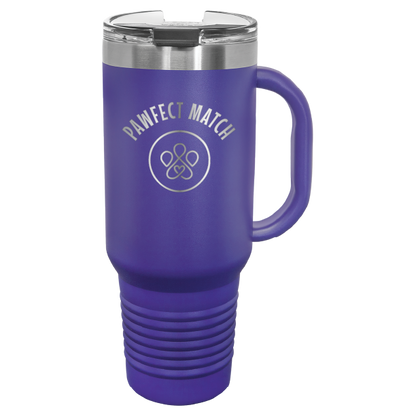 Purple 40 oz laser engraved tumbler featuring the Pawfect Match logo