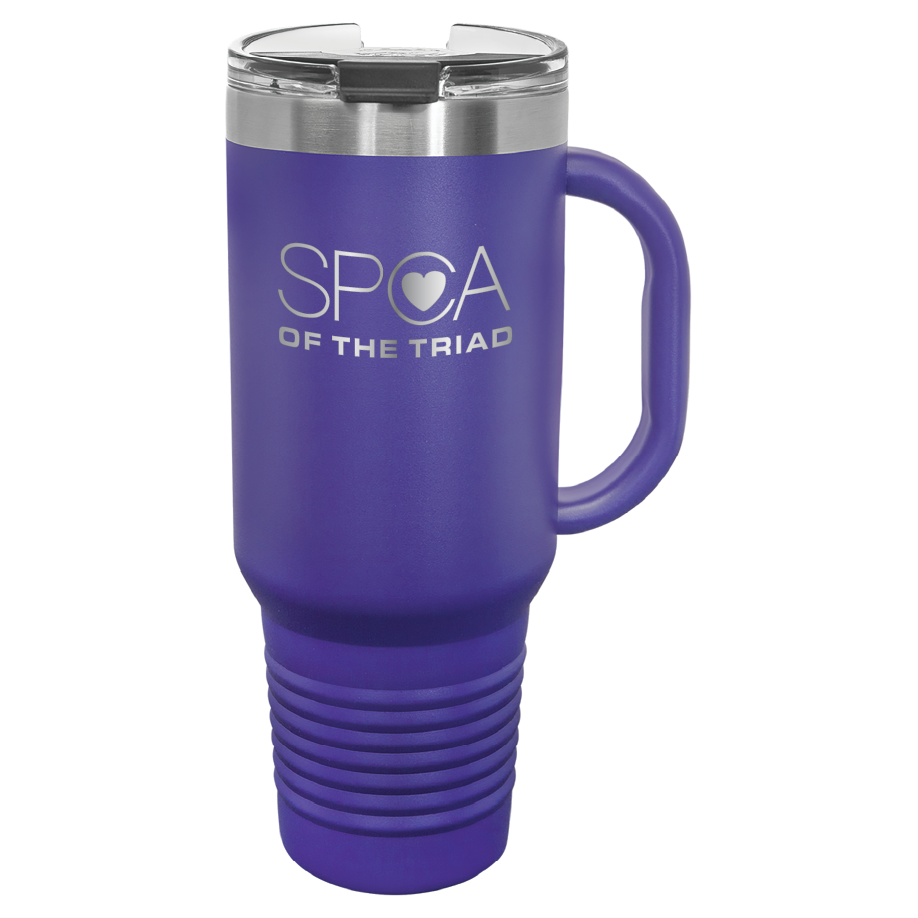 Purple 40 oz  laser engraved tumbler with the SPCA of the Triad logo.