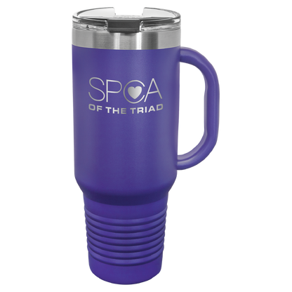 Purple 40 oz  laser engraved tumbler with the SPCA of the Triad logo.