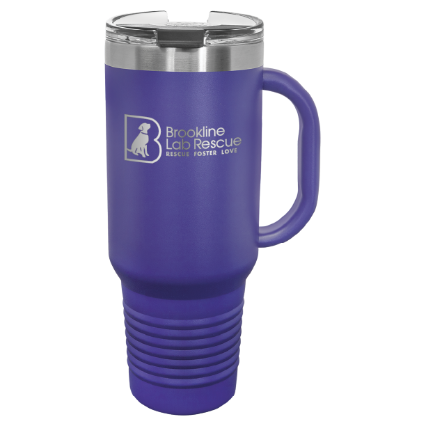 Purple laser engraved 40 oz tumbler with handle featuring the Brookline Lab Rescue logo