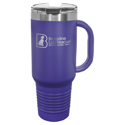 Purple laser engraved 40 oz tumbler with handle featuring the Brookline Lab Rescue logo