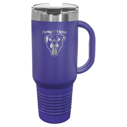 Purple 40 oz tumbler with handle laser engraved  tumbler featuring the Charley's K9 Rescue logo