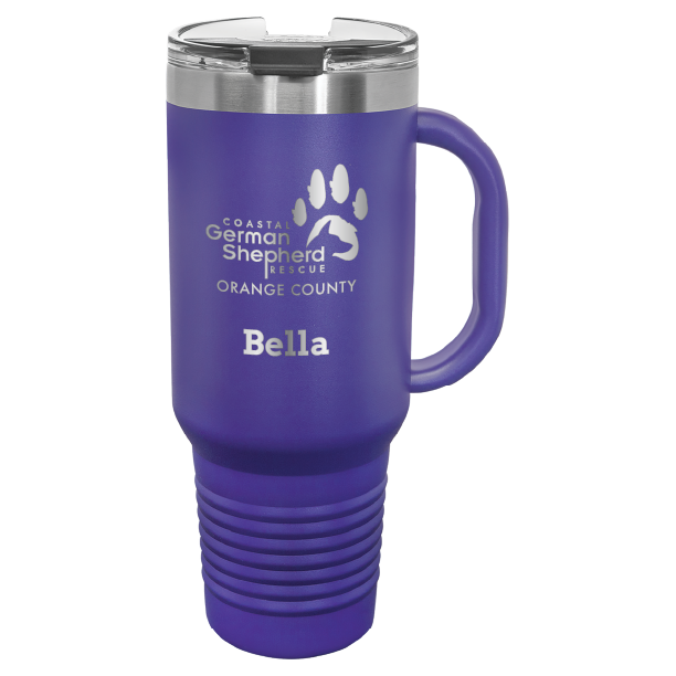 40 tumbler, laser engraved with the Coastal German Shepherd Rescue of OC logo, in purple