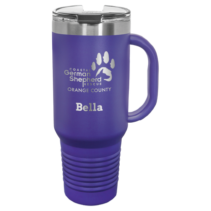 40 tumbler, laser engraved with the Coastal German Shepherd Rescue of OC logo, in purple