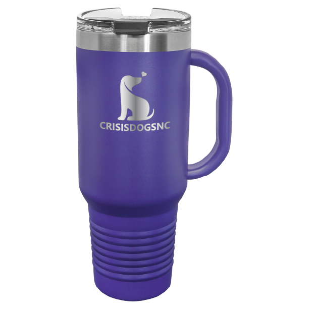 Purple laser engraved 40 oz travel mug featuring the Crisis Dogs NC logo.