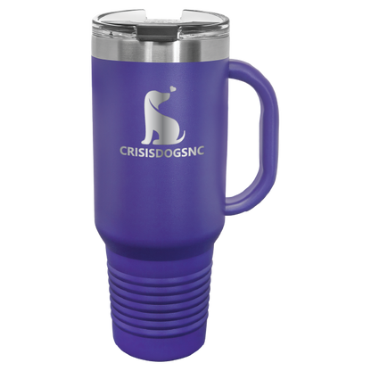 Purple laser engraved 40 oz travel mug featuring the Crisis Dogs NC logo.