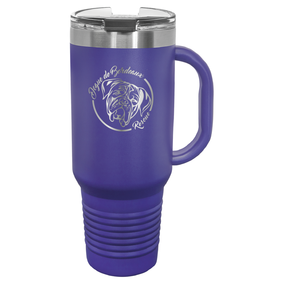 Purple 40 oz laser engraved water bottle featuring the Dogue de Bordeaux Rescue, Inc. logo