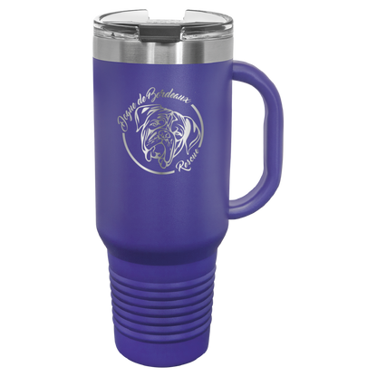 Purple 40 oz laser engraved water bottle featuring the Dogue de Bordeaux Rescue, Inc. logo