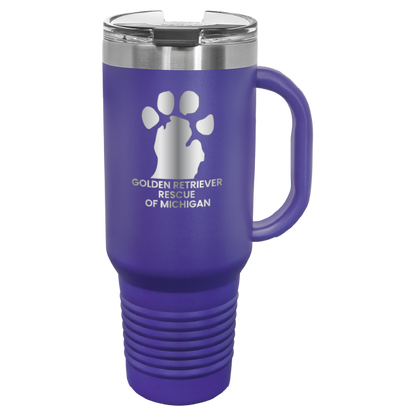 Purple 40 Oz laser engraved tumbler featuring the  Golden Retriever Rescue of Michigan (GRRoM) logo