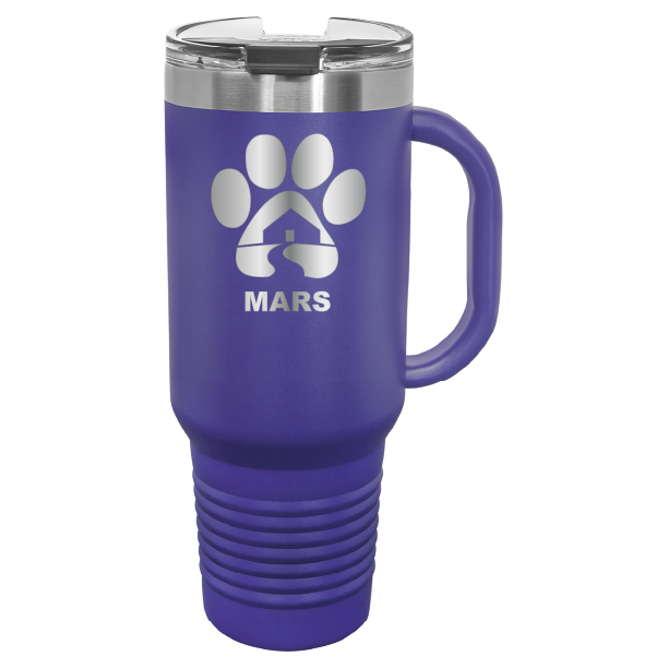 Purple 40 ounce laser engraved travel mug with handle, featuring the with the Midwest Animal Rescue & Services (MARS) logo