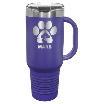 Purple 40 ounce laser engraved travel mug with handle, featuring the with the Midwest Animal Rescue & Services (MARS) logo