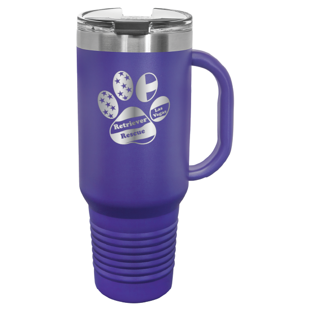 Purple laser engraved tumbler with handle, featuring the logo of Retriever Rescue of Las Vegas