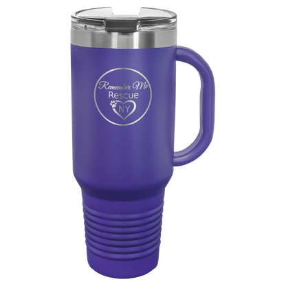 Purple 40 oz laser engraved tumbler featuring the Remember Me Rescue NY logo.