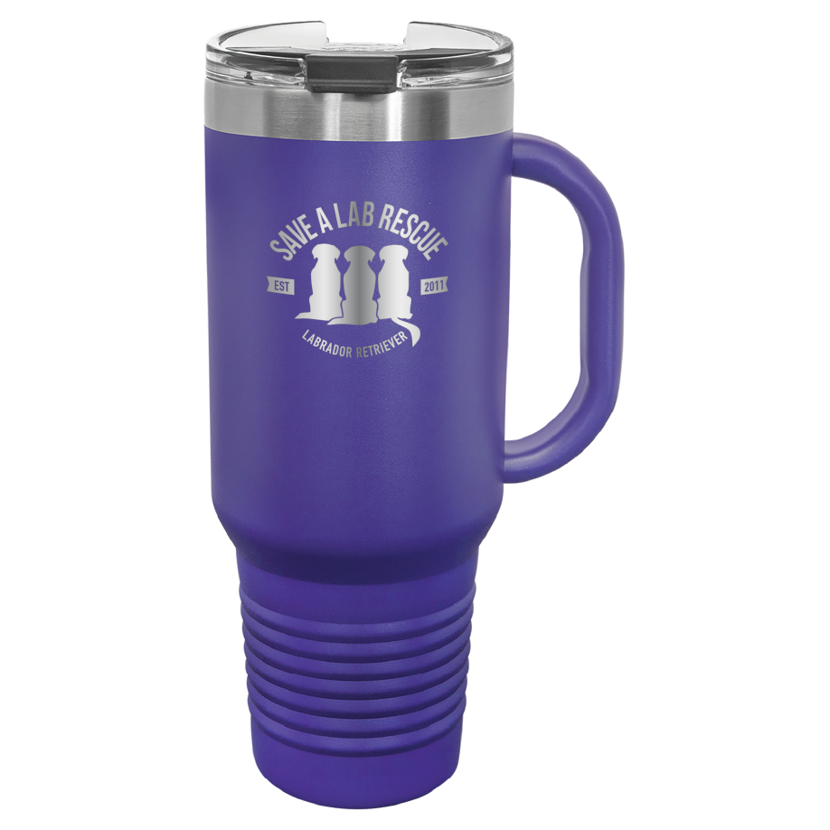 40 Oz Save A Lab Rescue Laser engraved printed tumbler.  Perfect gift for rescue moms and dads and pet parents. In purple.