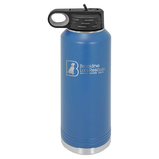 Royal blue laser engraved 40 oz water bottle featuring the Brookline Lab Rescue logo