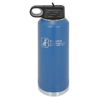 Royal blue laser engraved 40 oz water bottle featuring the Brookline Lab Rescue logo