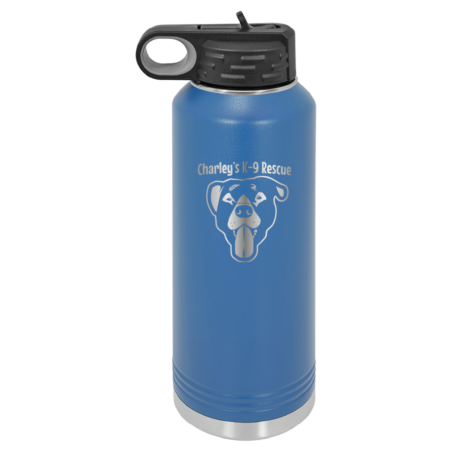 Royal blue 40 oz water bottle laser engraved  tumbler featuring the Charley's K9 Rescue logo