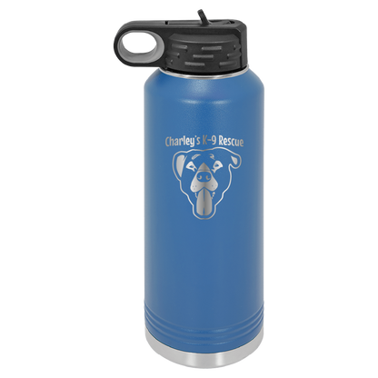 Royal blue 40 oz water bottle laser engraved  tumbler featuring the Charley's K9 Rescue logo