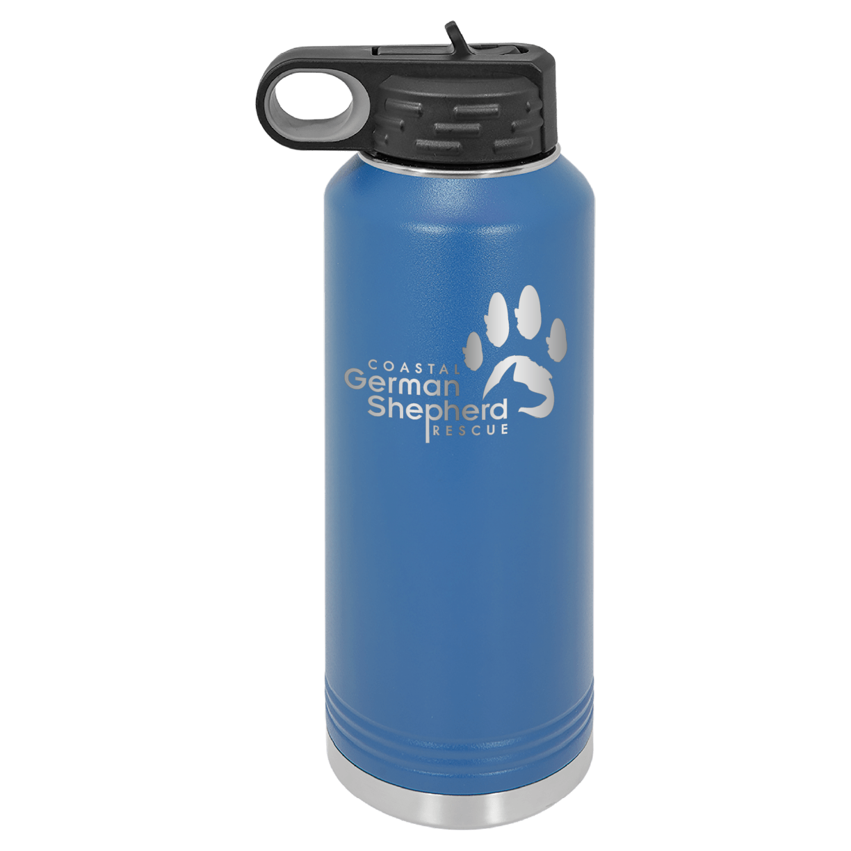 Royal blue 40 ounce laser engraved water bottle, featuring the with the Coastal German Shpherd Rescue of Orange County logo