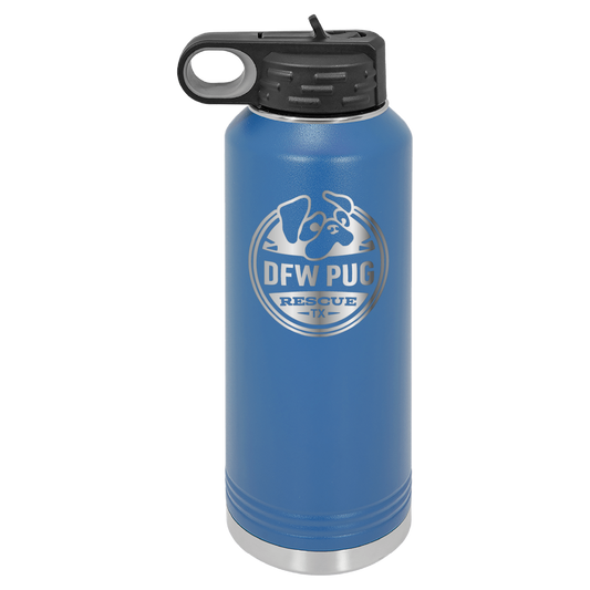 Royal blue laser engraved 40 oz water bottle featuring the DFW Pug Rescue logo