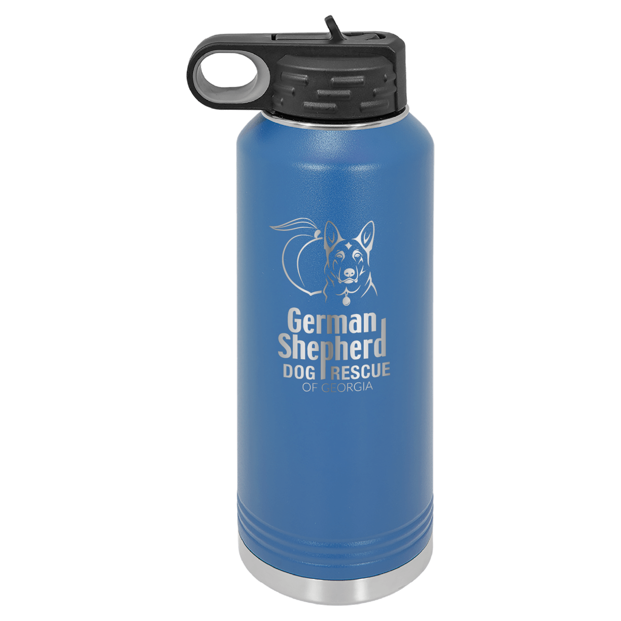 40 Oz Laser engraved water bottle featuring the German Shepherd Dog Rescue of Georgia, in royal blue