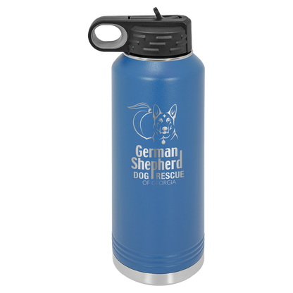 40 Oz Laser engraved water bottle featuring the German Shepherd Dog Rescue of Georgia, in royal blue