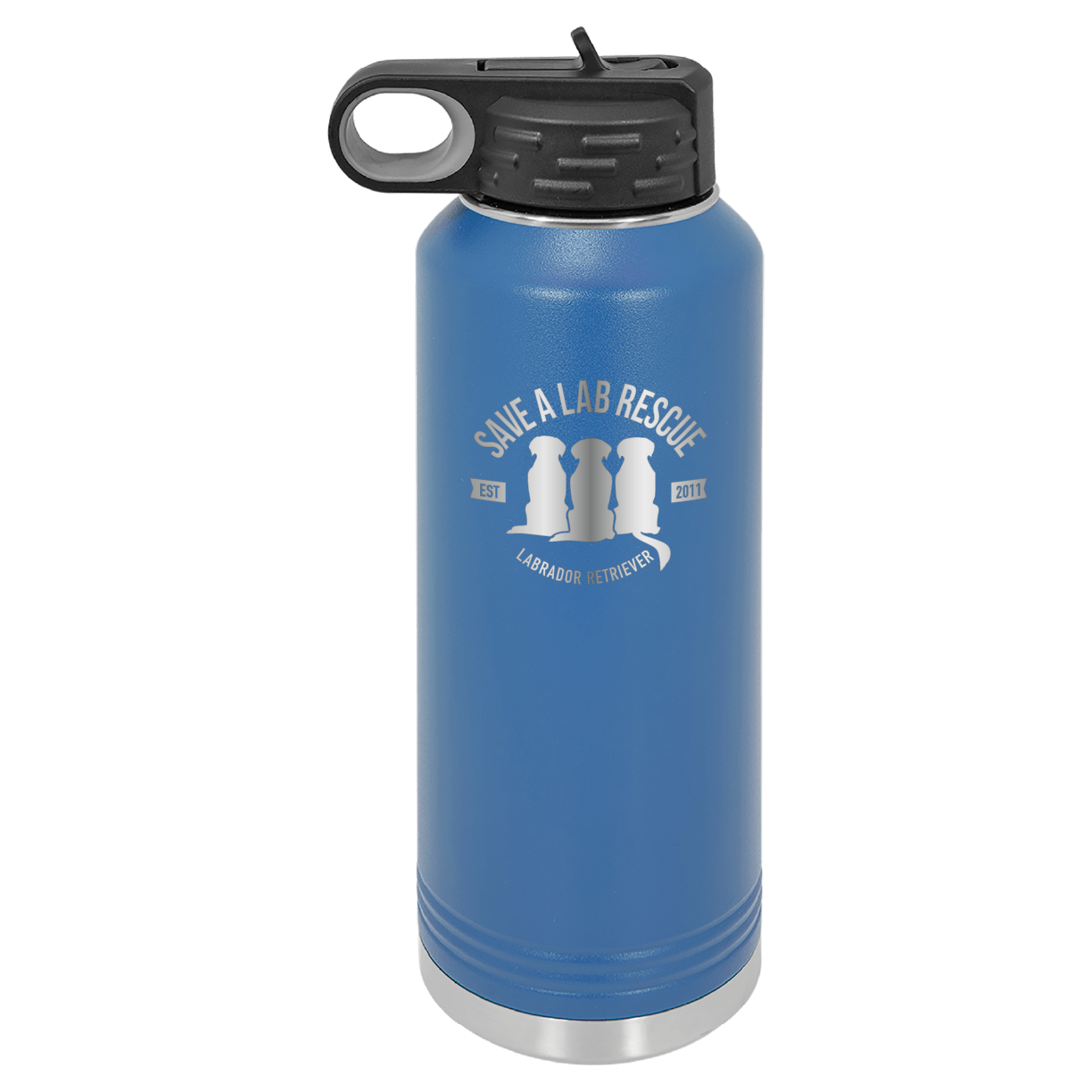 Royal Blue 40 Oz Laser engraved water bottle featuring the Save A Lab logo.