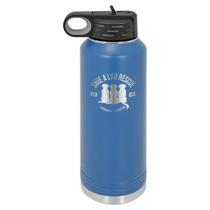 Royal Blue 40 Oz Laser engraved water bottle featuring the Save A Lab logo.