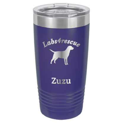 Purple laser engraved 20 oz tumbler featuring the Labs4rescue logo and the name Zuzu. 