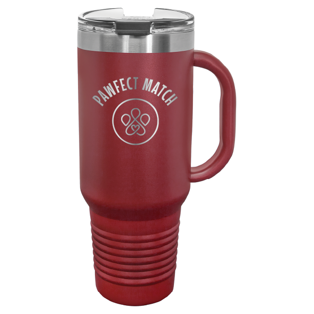 Maroon 40 oz laser engraved tumbler featuring the Pawfect Match logo