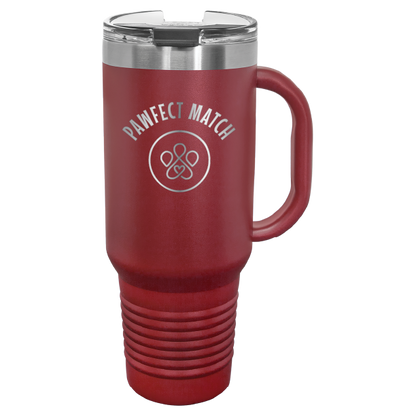 Maroon 40 oz laser engraved tumbler featuring the Pawfect Match logo