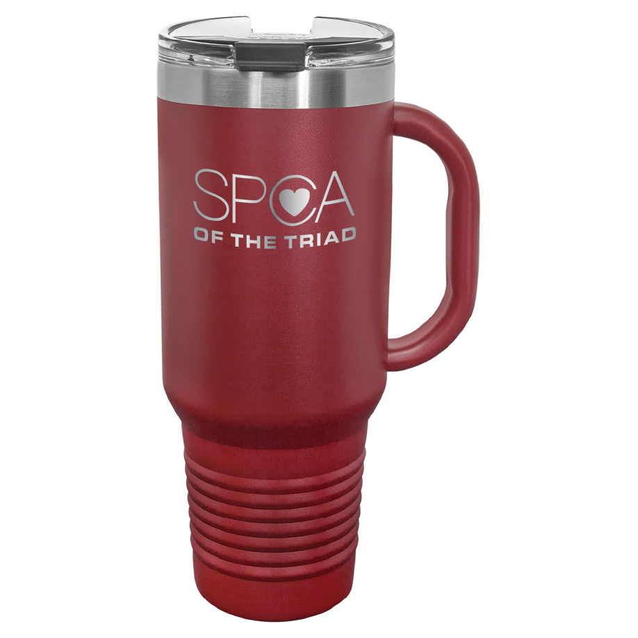 Maroon 40 oz  laser engraved tumbler with the SPCA of the Triad logo.
