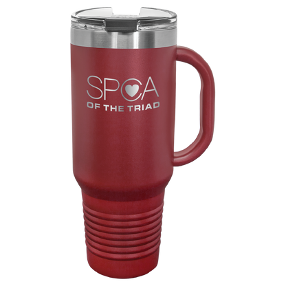 Maroon 40 oz  laser engraved tumbler with the SPCA of the Triad logo.